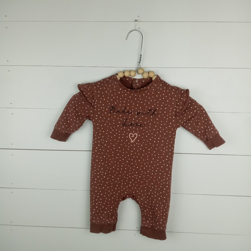 Mini Heroes girls size 3 mos polka dot made of love pant romper dark beige